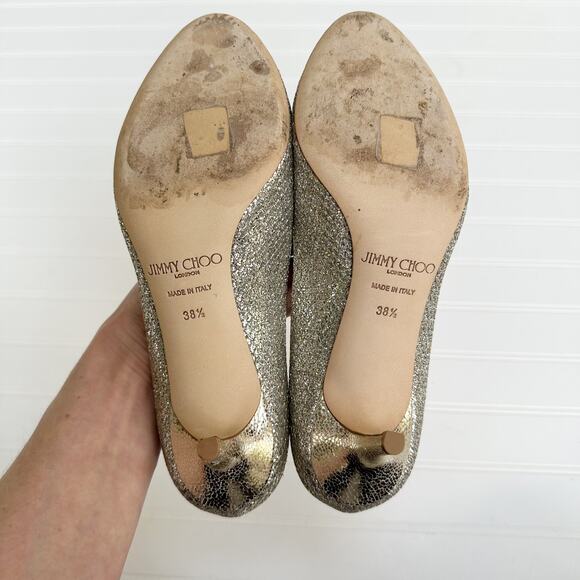 Jimmy Choo Isabel Champagne Glitter Peep Toe Pumps 38.5 Bridal Wedding Heel - Picture 6 of 12